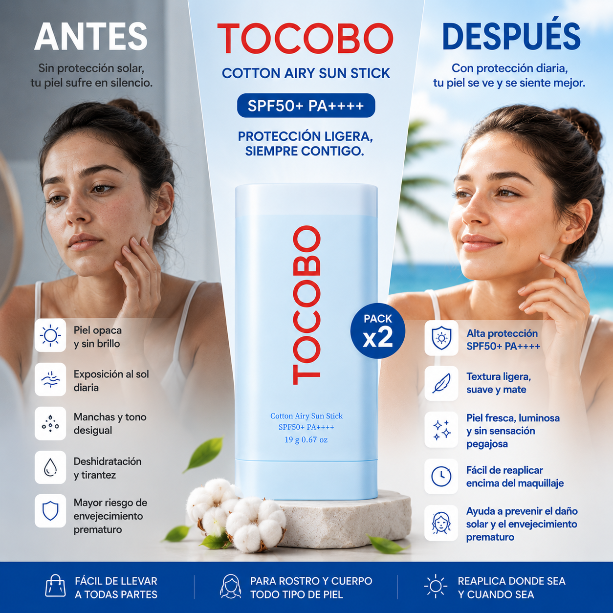 TOCOBO Pack 2 Cotton Airy Sun Stick SPF5 19g – Protección solar