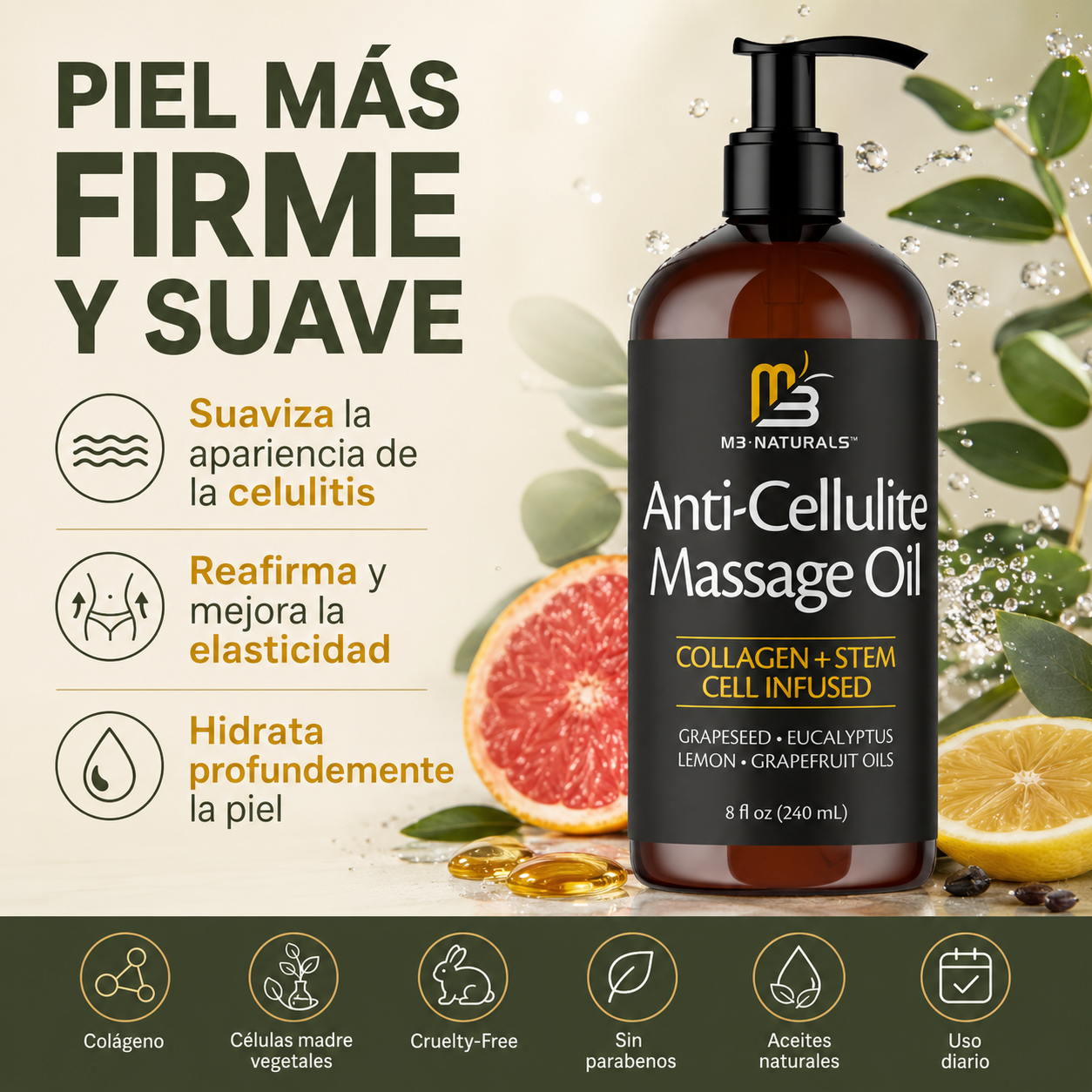 M3 Naturals Cellulite & Firming Body Oil — Suaviza Celulitis, Reafirma y Hidrata la Piel