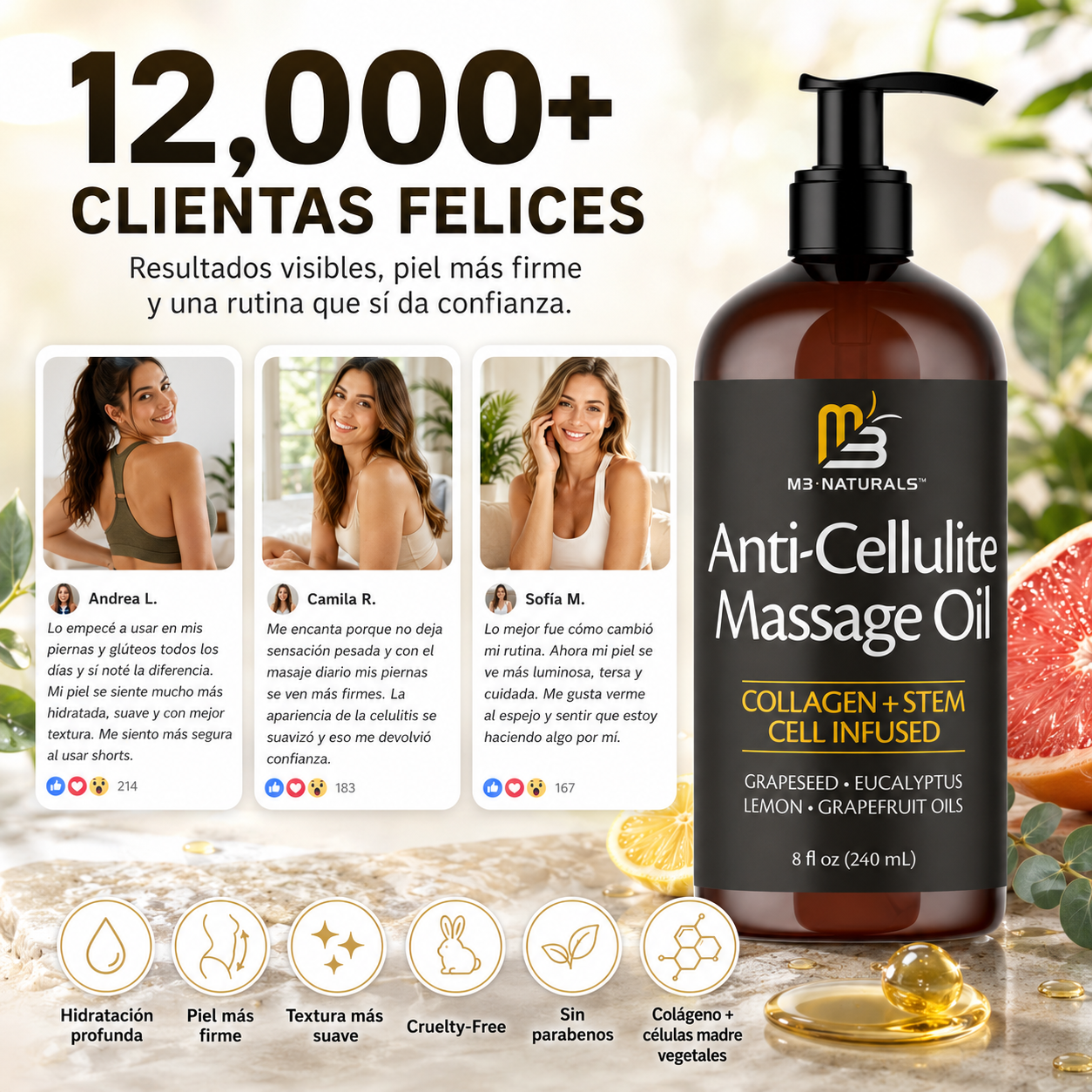 M3 Naturals Cellulite & Firming Body Oil — Suaviza Celulitis, Reafirma y Hidrata la Piel